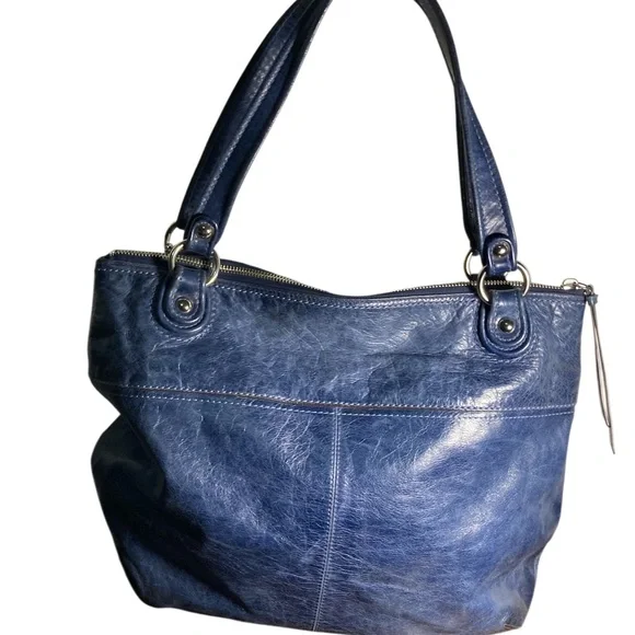 Coach Poppy Glam Glazed Navy Blue Leather Tote Bag